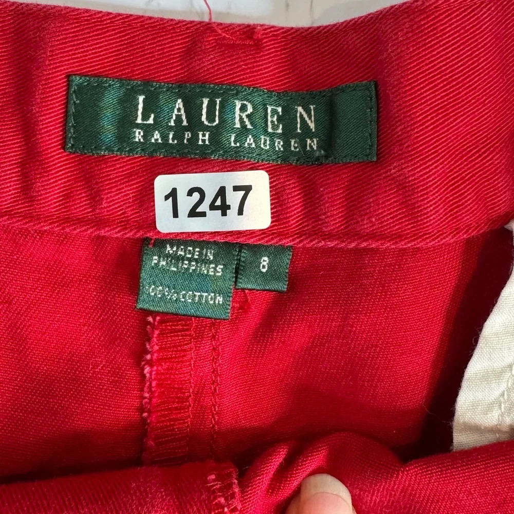Lauren Ralph Lauren Red Long Shorts Gold Button 100% Cotton Size 8 - Picture 7 of 7